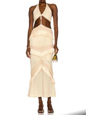 PatBO Cream Crochet Halter Maxi Dress with Fringe